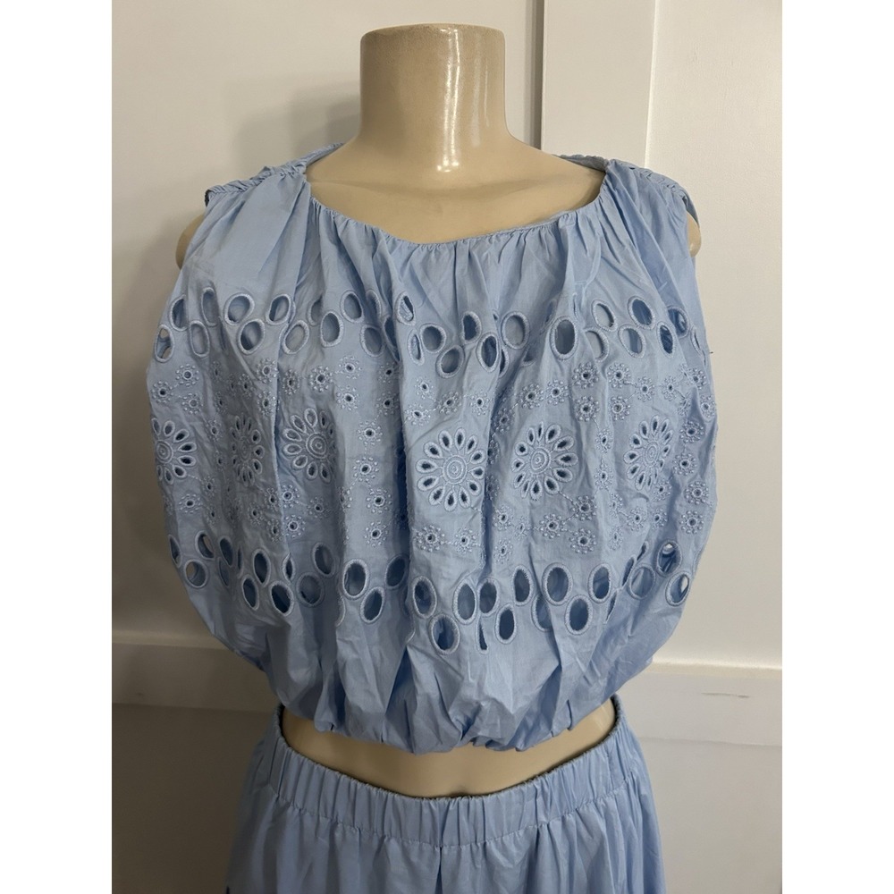 Lalavon Blue Sleeveless Eyelet Bubble Crop Top M Cotton Boho NWT RICHIE HIPPIE